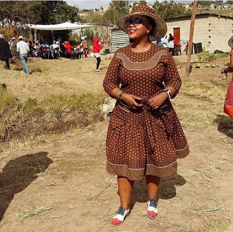 Clipkulture | Brown Sotho Shweshwe Dress With Bolar Hat