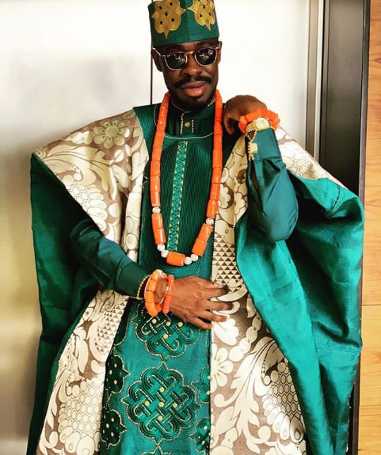 Clipkulture | Groom In Green & Gold Damask Agbada With Cap & Coral Beads