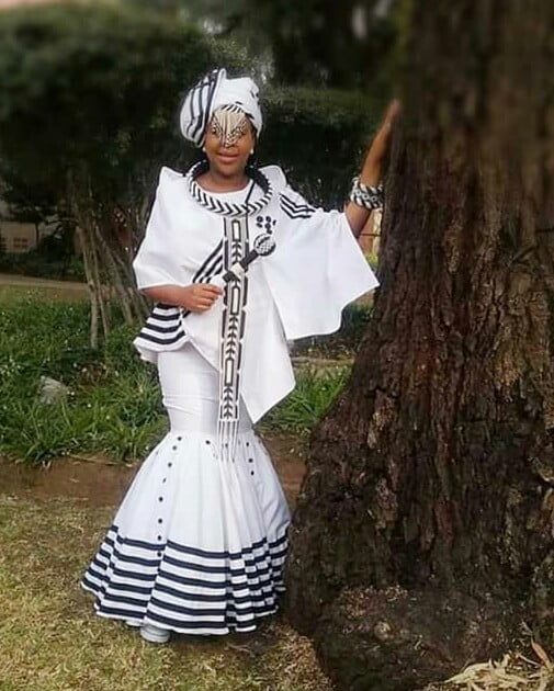 Bride In White And Black Xhosa Traditional Wedding Attire With Doek