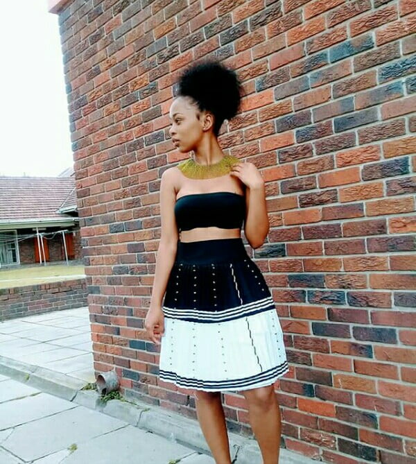 Clipkulture Black And White Zulu Skirt With Tube And Beaded Neckpiece