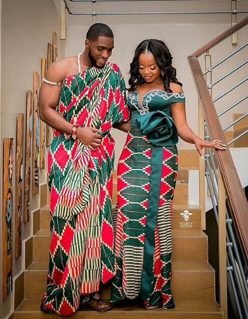 Clipkulture | Couple in Dark Green and Red Matching Kente Engagement Attire