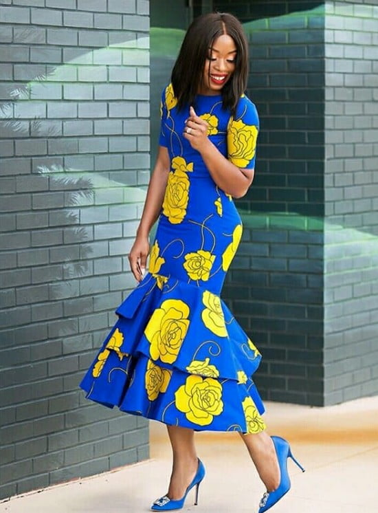 yellow dress with blue shoes