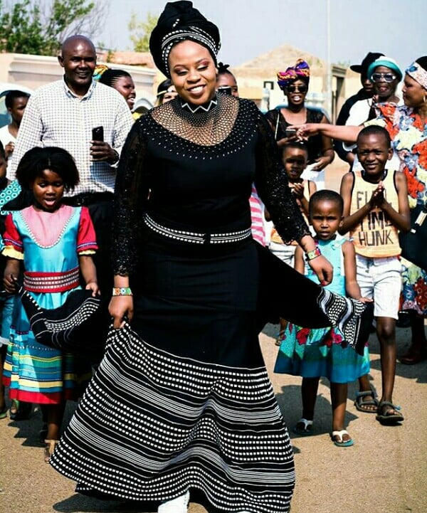 Clipkulture Xhosa Makoti In Black And Grey Umbhaco Dress With Doek