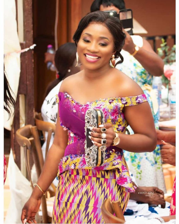 Clipkulture | Cute Bride in Off Shoulder Purple Kente Outfit