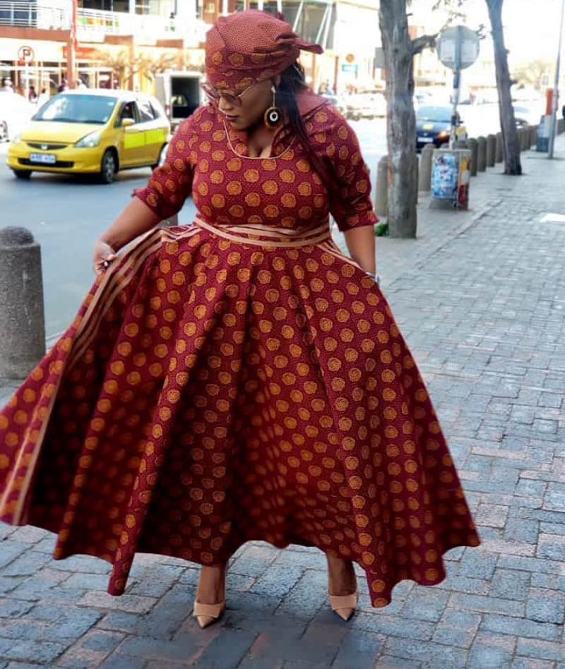 Clipkulture | Lady In Brown Shweshwe Gathered Dress and Headwrap