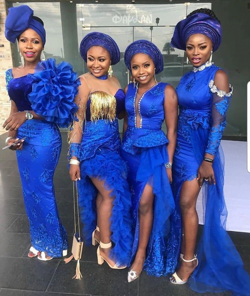 Clipkulture | Ladies In Blue Satin Lace Asoebi Dresses With Matching Gele