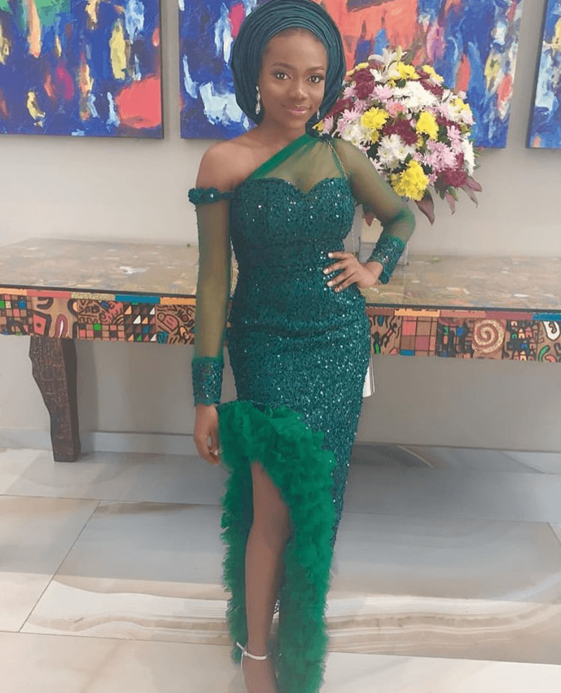 Clipkulture | Lady In Emerald Green Asoebi Lace Dress and Gele