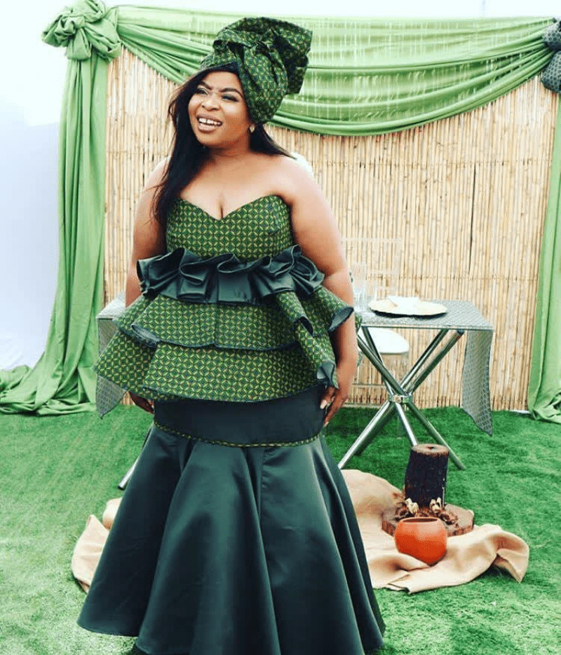 Clipkulture | Makoti In Beautiful Green Shweshwe Peplum Dress and Headwrap