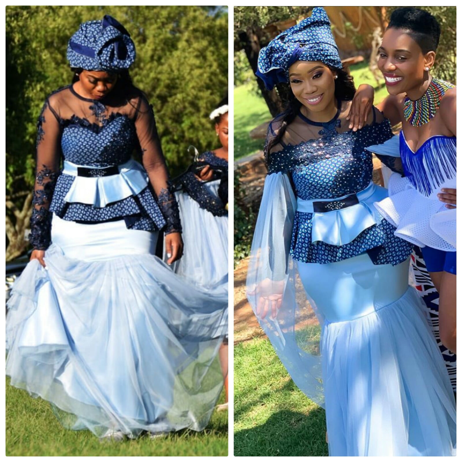 Clipkulture Tswana Bride In Mixed To Match Shweshwe Traditional Wedding Dress With Net Sleeves 