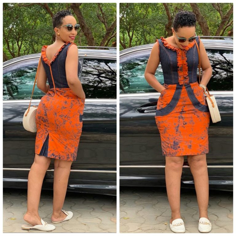 Sleeveless African Print and Denim Mixed Dress Clipkulture