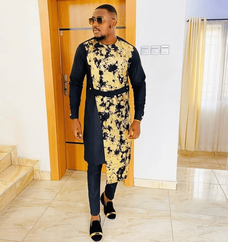 Clipkulture Man In Stylish Black and Gold Kaftan Wear With Matching Shoes