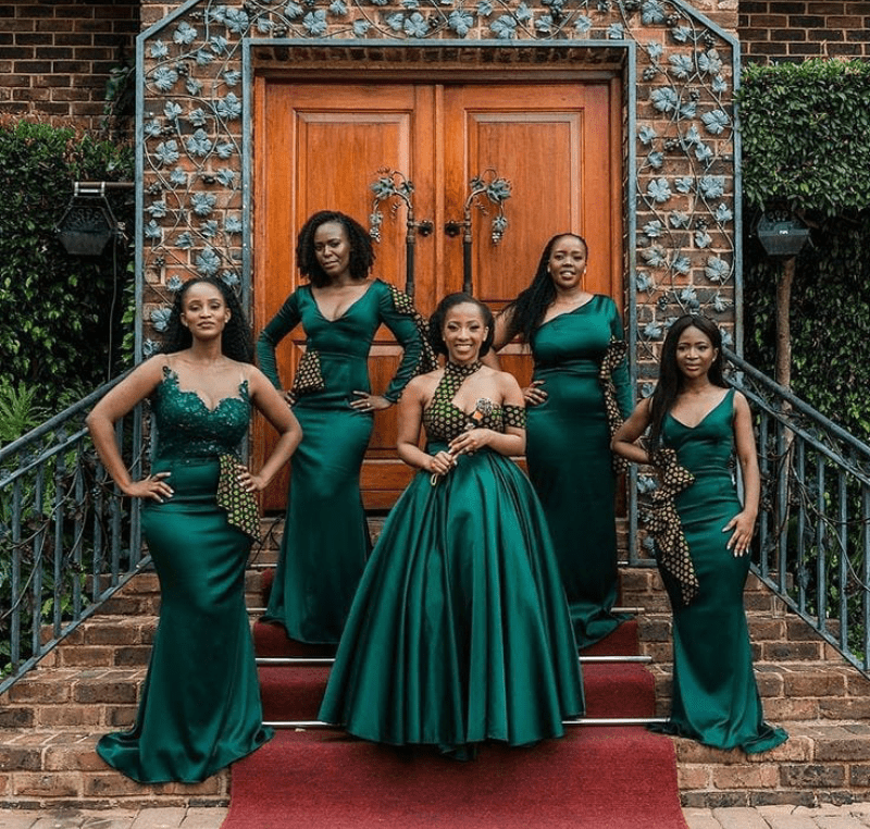 Clipkulture Bride And Bridesmaids In Green Shweshwe And Satin Stylish Dresses 